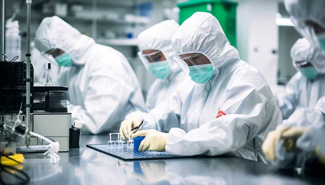 A picture of a DNA sequencing laboratory with scientists in protective suits working, emphasizing the importance of genetic data security taken with a Sony Alpha a7 III
