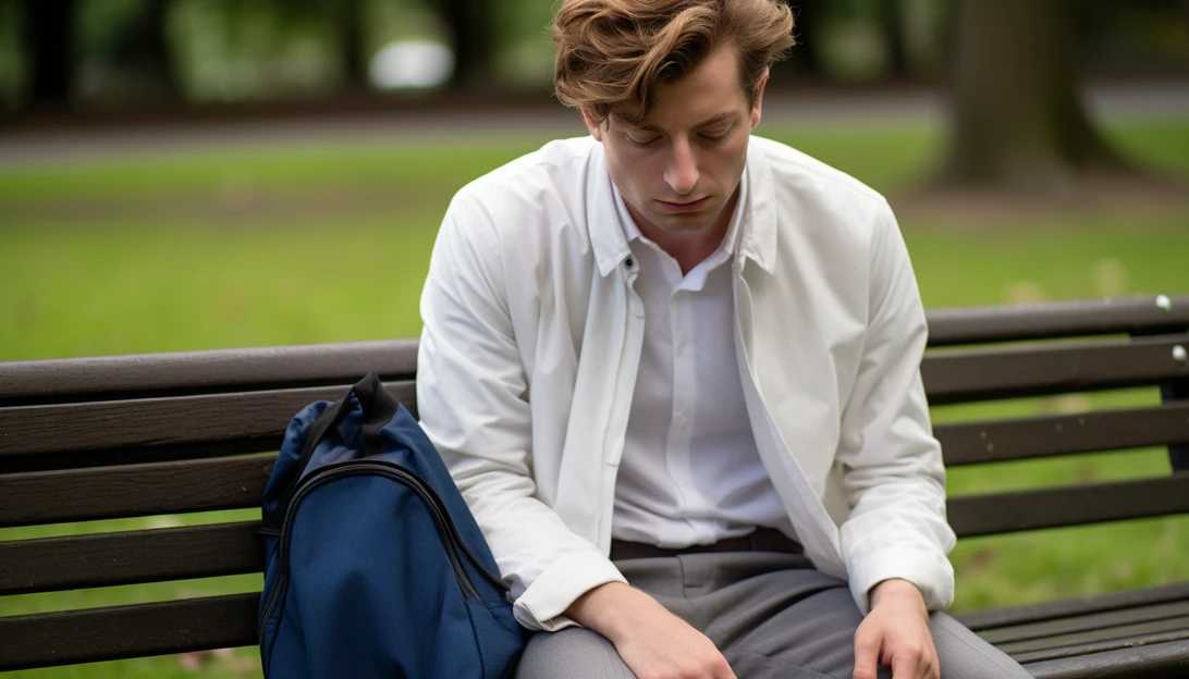 Jeremy Allen White sitting on a park bench, deep in thought, captured with a Canon EOS 5D Mark IV