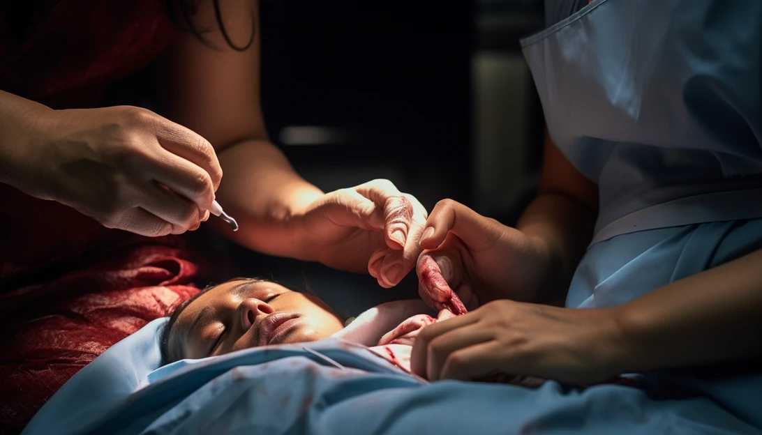 A close-up shot of a nurse pricking a newborn's heel for blood test, taken with a Canon EOS R