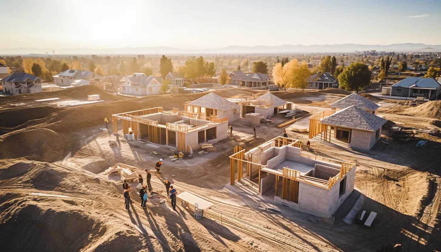 "An aerial shot of a new construction site in Boise, Idaho, basking in the afternoon sun. The image showcases numerous unfinished houses, symbolizing potential new homes for prospective buyers. The busy workers embody the unabated fervor of the construction industry. Taken with DJI Phantom 4 Pro+"