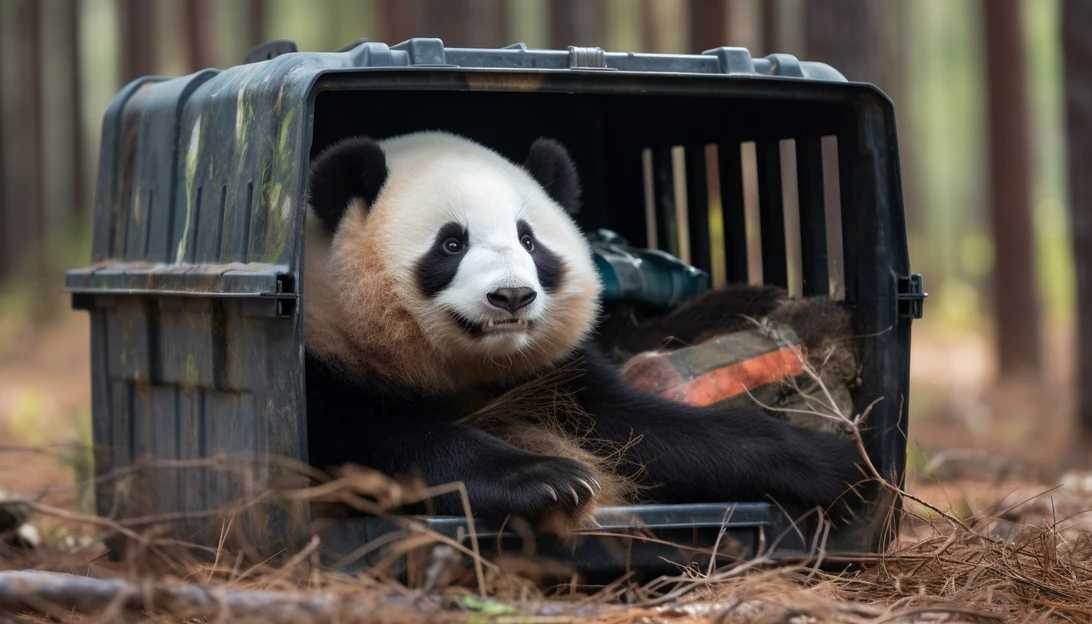 A heartwarming picture of Xiao Qi Ji, the 3-year-old giant panda, joining his parents in their crates, taken with a Sony Alpha a7III.