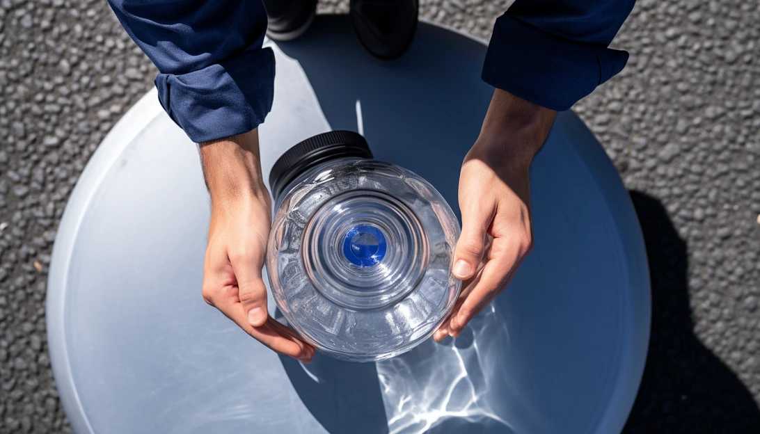 An overhead view of a traveler refilling a water bottle at an airport water station. (Taken with Sony Alpha A7 III)