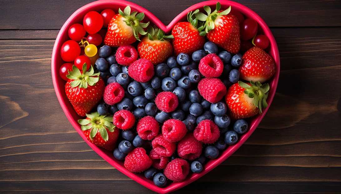 A stunning photo of a vibrant heart-shaped fruit bowl, showcasing the importance of a healthy diet for heart health. (Taken with a Canon EOS 5D)