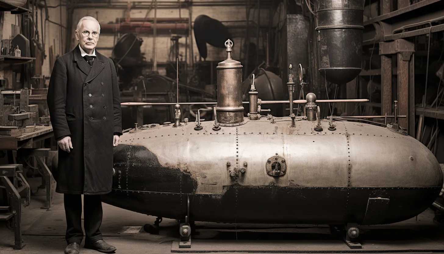 A vintage photograph of John Philip Holland, the brilliant engineer, standing next to an early model of his submarine, captured with a Leica Q2 Monochrom.