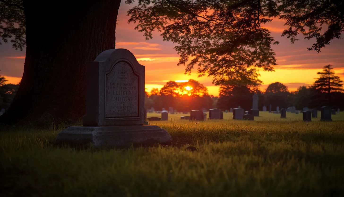 A gravesite located in a serene cemetery bearing the name 'John Philip Holland' captured during a somber sunset with a Nikon D850.