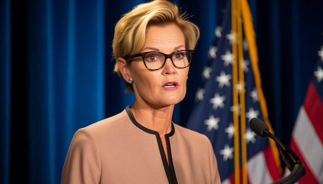 An image of Energy Secretary Jennifer Granholm speaking at a press conference on renewable energy, captured with a Canon EOS R5 camera.