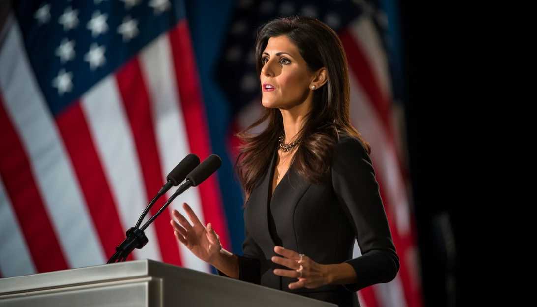 Nikki Haley delivering a speech on foreign policy at a political event (taken with Canon EOS 5D Mark IV)