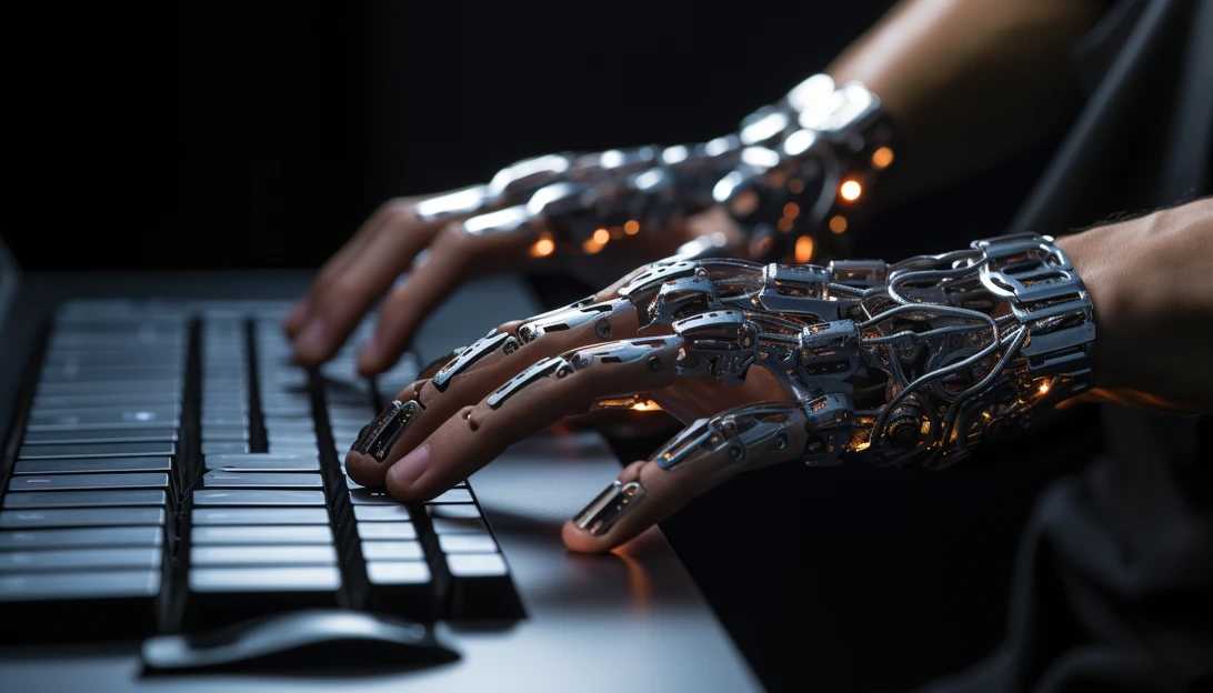 A close-up shot of hands typing code for an AI application.
