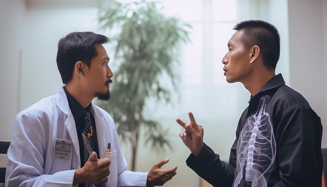 A doctor explaining lung cancer treatment options to a patient, taken with a Nikon D850.