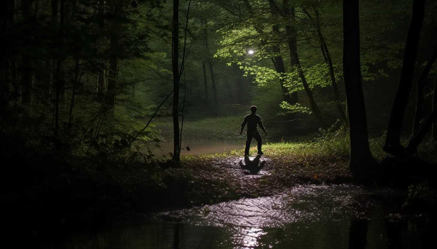 A drama-filled, low-light image of a figure running towards a pond taken with a Sony Alpha a7 III, reflecting the suspect's desperate escape attempt.