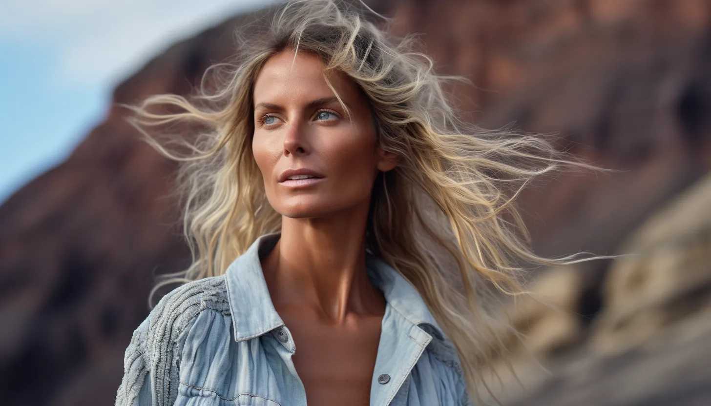 A close-up shot of Heidi Klum, taken with a Canon EOS 5D Mark IV, during a casual day, reflecting her real-life persona away from the glitz and glamour of Hollywood.