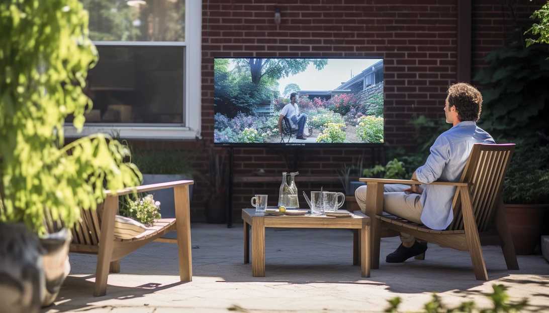 A person enjoying their outdoor TV on a sunny patio (taken with Canon EOS 5D Mark IV)