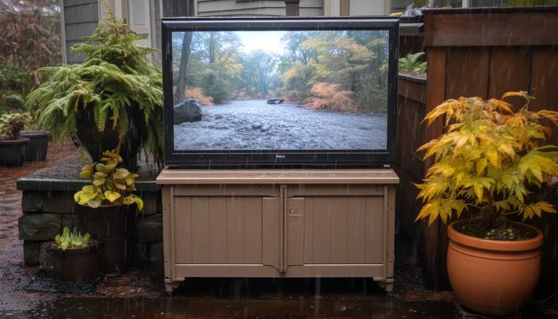 A weatherproof TV enclosure protecting an outdoor TV from rain and snow (taken with Nikon D850)