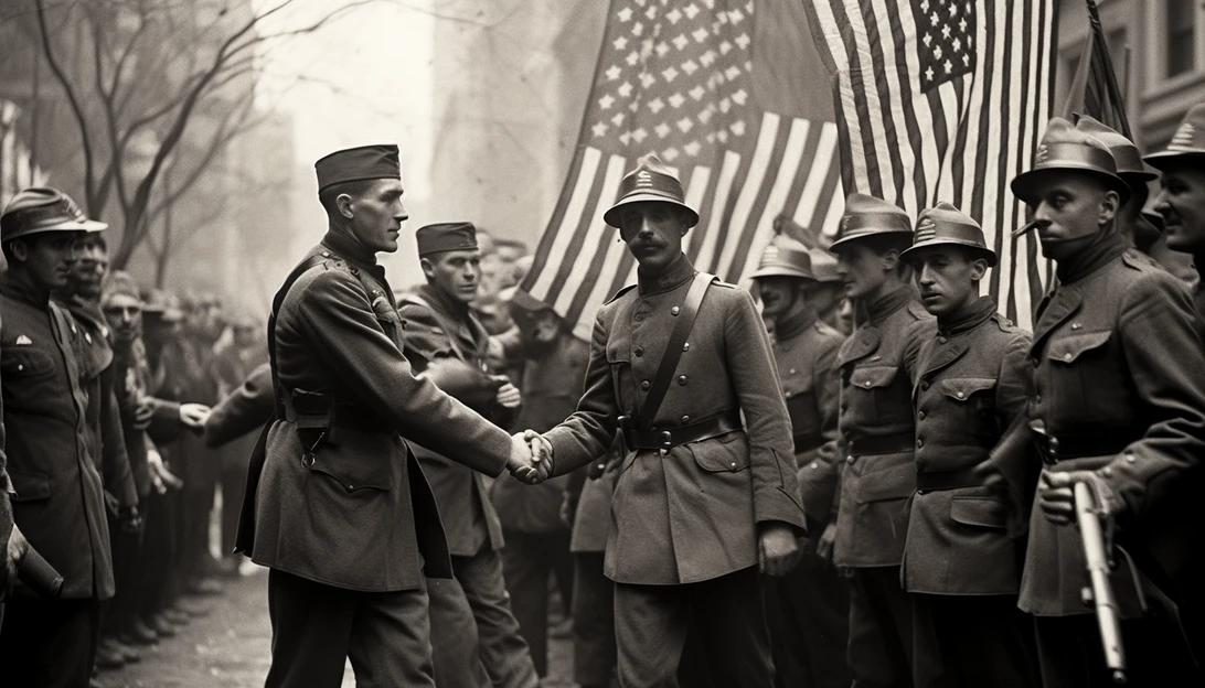 Before there was Veterans Day, there was Armistice Day. [Image: A vintage photograph of soldiers shaking hands and celebrating the end of World War I, taken with a Leica M10 camera]