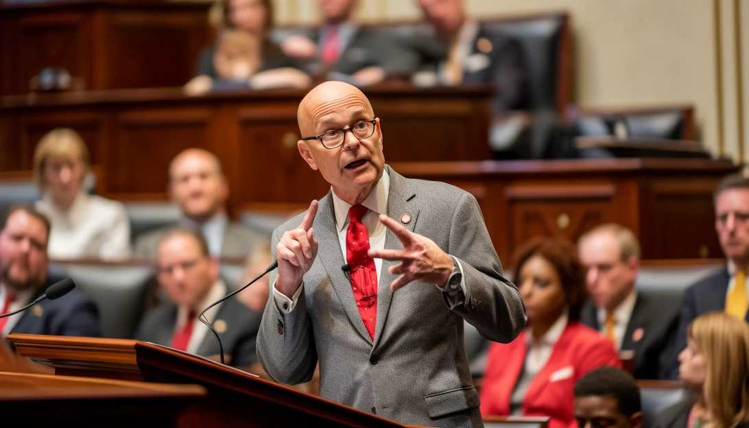 A photograph of Speaker Mike Johnson, R-La., addressing the House during a session, taken with a Sony A7 III.