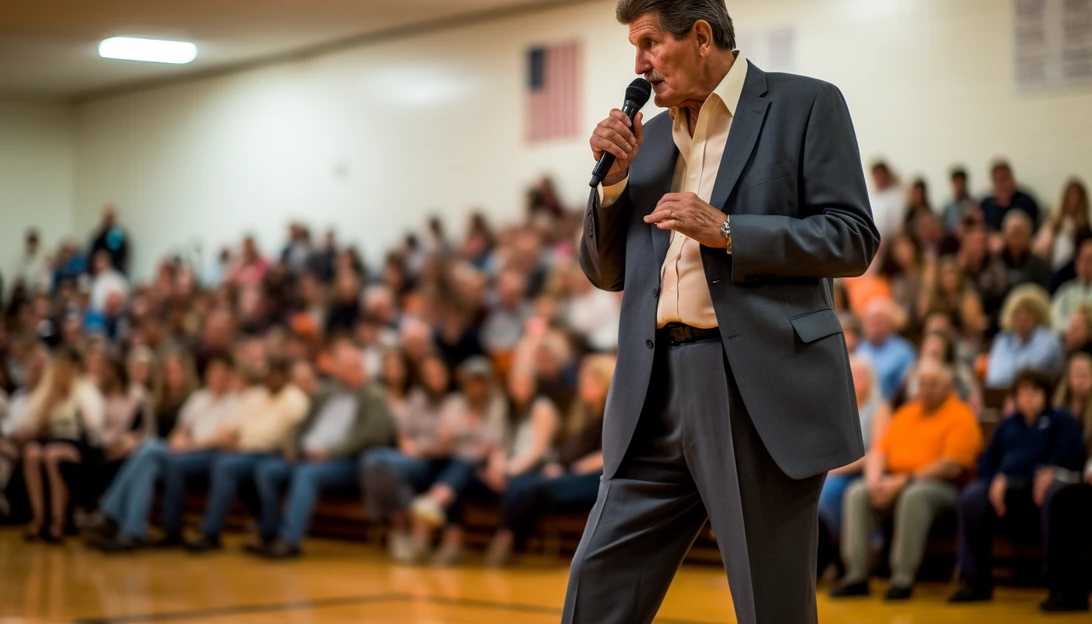 Joe Manchin engaging with voters during a town hall event, listening attentively to their concerns. Taken with a Sony Alpha a7 III.