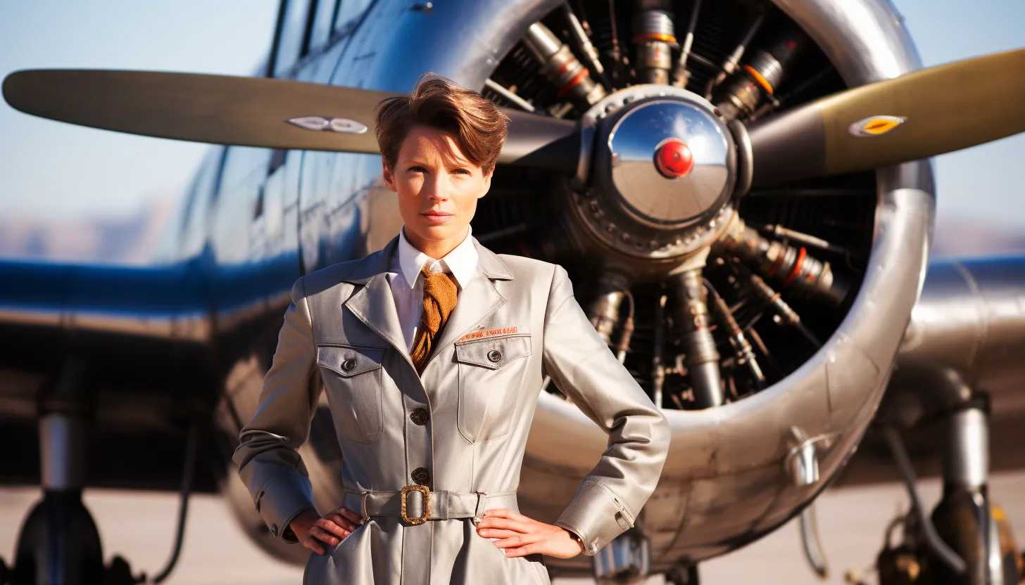 Amelia Earhart in her flight suit standing next to her Lockheed Vega 5B, capturing the moment of departure - taken with Canon EOS R5.