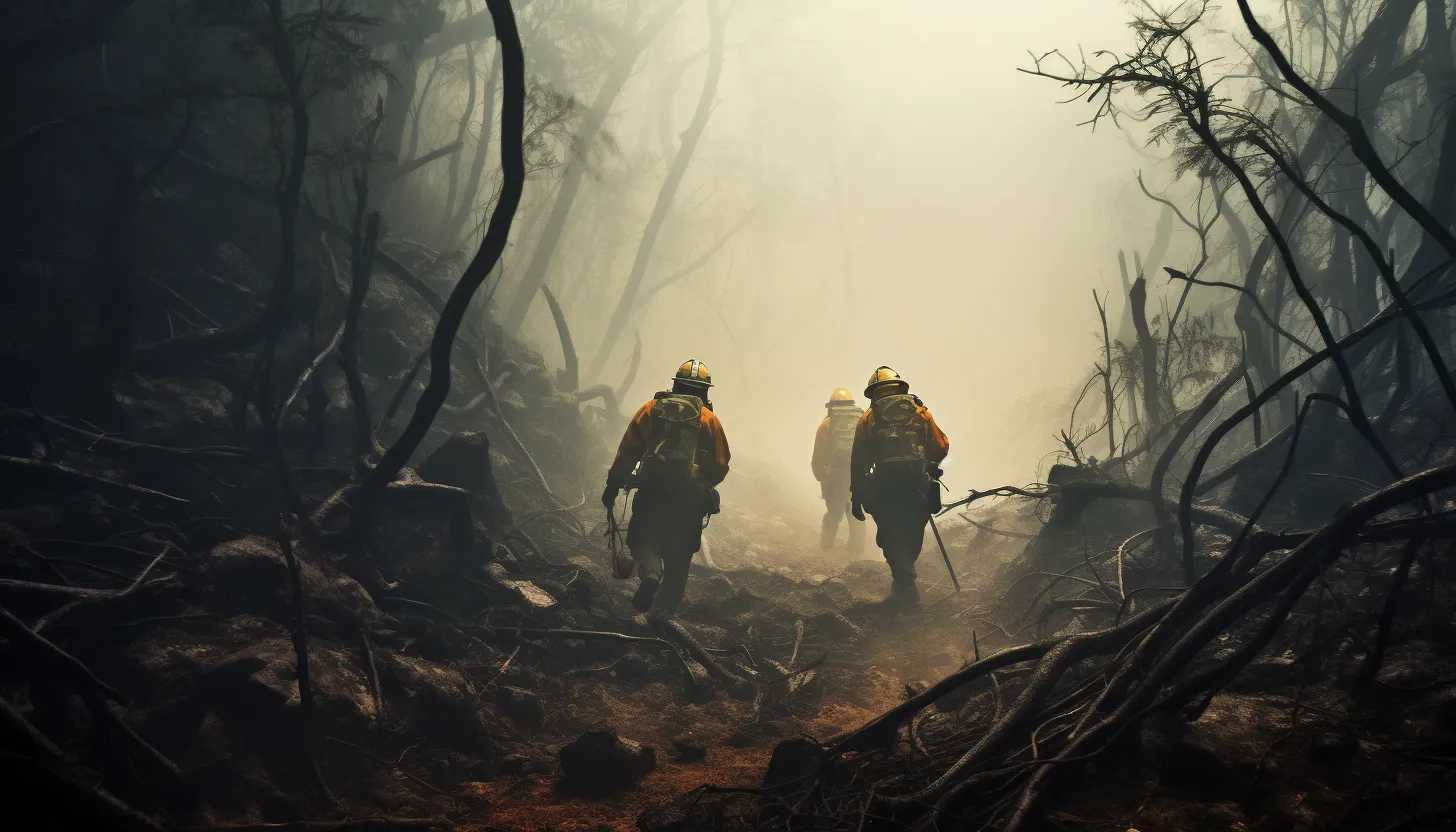 A dramatic shot of the Maui wildfires' aftermath; a backdrop of charred trees and smoky haze as search and rescue workers tirelessly sift through debris. It highlights the scale and severity of the incident. Taken with Nikon D850.