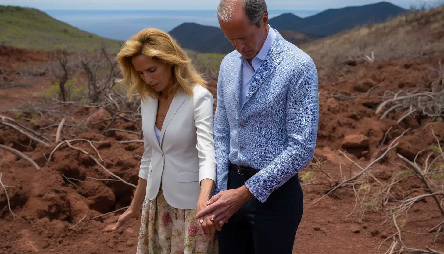 A heartfelt image of President Biden and First Lady Jill Biden, holding hands as they survey the devastated landscape of Maui. The expression on their faces reflects their shared sorrow over the tragic incident. Taken with Sony Alpha 7R IV.