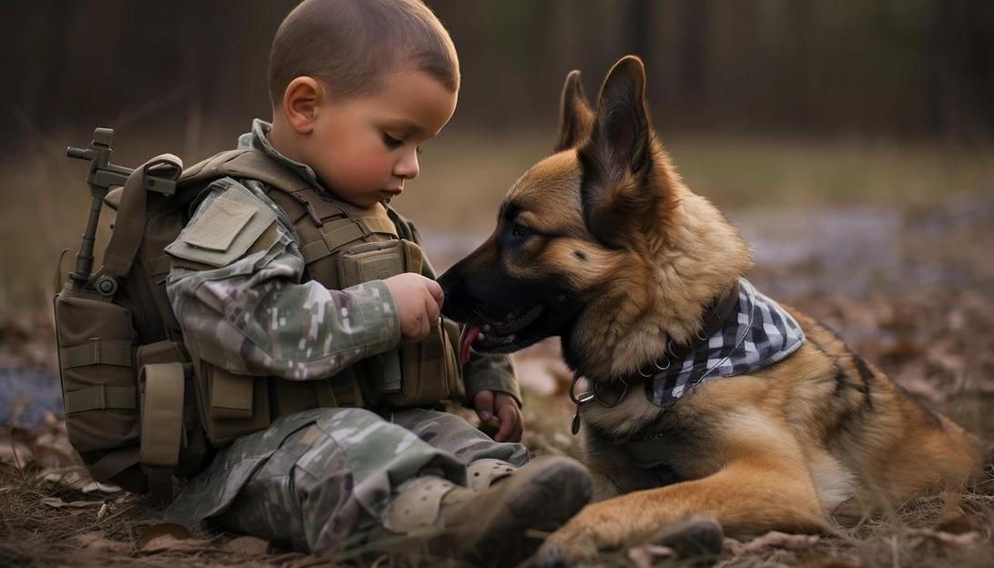 A heartwarming photo of a young veteran sharing a moment of camaraderie with his service dog, taken with a Canon EOS 5D Mark IV.