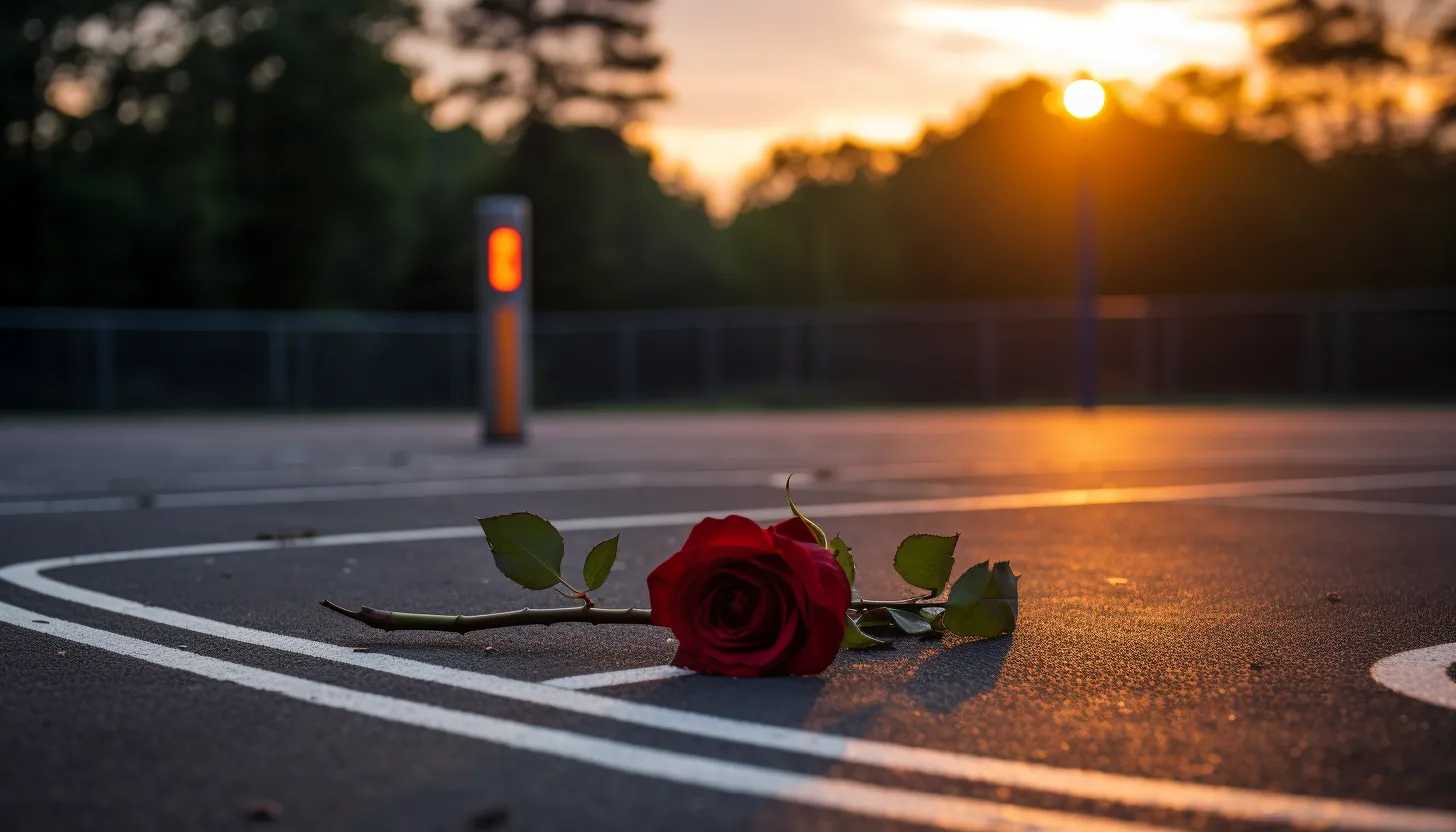 Close-up photo of a basketball displayed poignantly on an empty court in memory of young victims, captured with a Nikon D850.
