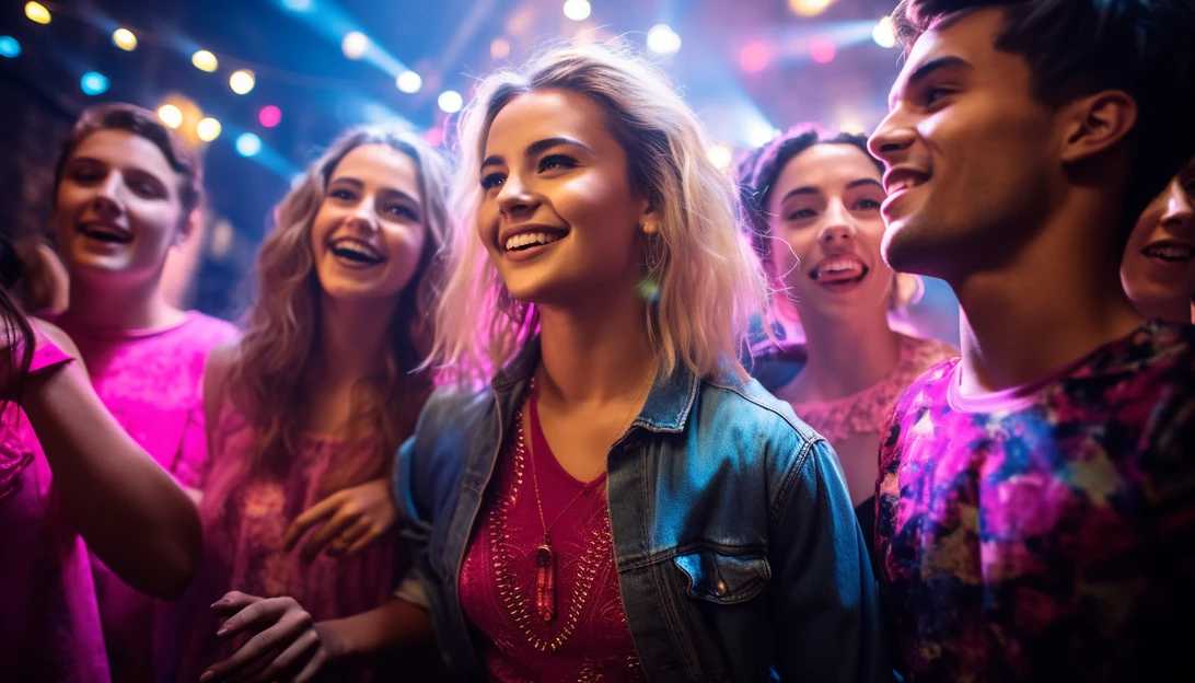 A group of vibrant young adults enjoying a party with music and dancing, taken with a Nikon D850 camera.