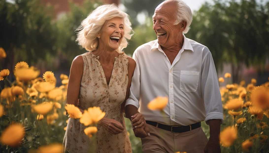 An elderly couple holding hands and smiling, radiating love and contentment, taken with a Sony Alpha a7 III camera.