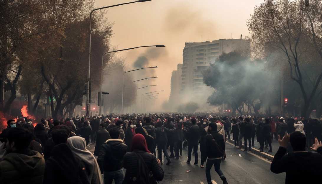 A photo of protests in the streets of Iran, capturing the fervor and emotions of the demonstrators. Taken with a Nikon D850.