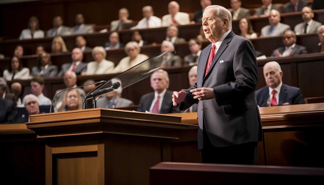 M. Russell Ballard, a remarkable leader of the LDS Church, during a conference speech, captured with a Canon EOS 5D Mark IV.