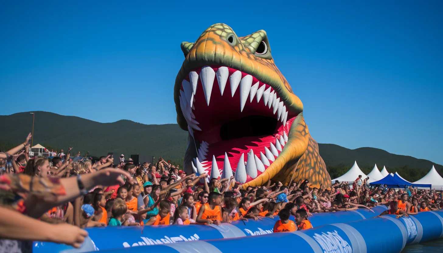 A wide-angle view of the race course, illustrating the tension and excitement as the participants adorned in inflatable T. rex costumes prepare for the thrilling 100-yard dash. An indistinguishable crown of 'dinosaurs' fills the frame, giving the impression of a truly prehistoric spectacle about to unfold. Capture the anticipation in their 'faces'. Taken with Canon EOS 5D Mark IV.