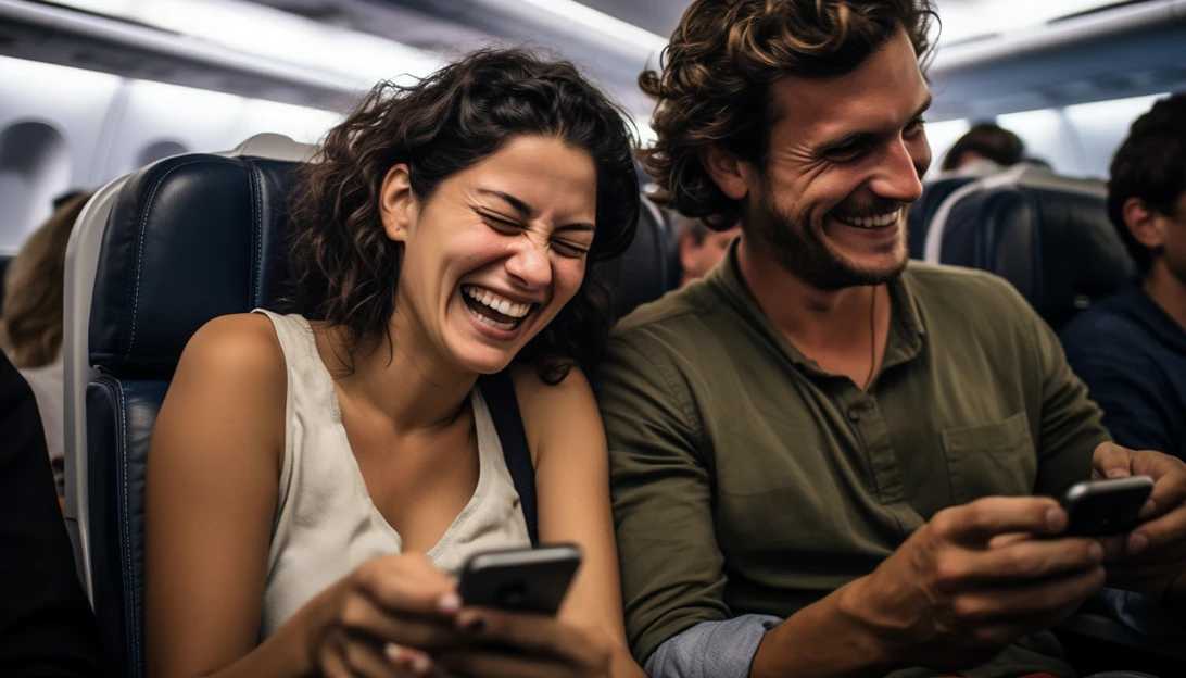 Passengers smiling and checking their social media accounts while waiting for their flights, captured with a Canon EOS 5D Mark IV.
