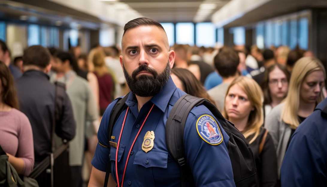 TSA agents guiding travelers through security checkpoints at a bustling airport, photographed using a Sony Alpha a7 III.