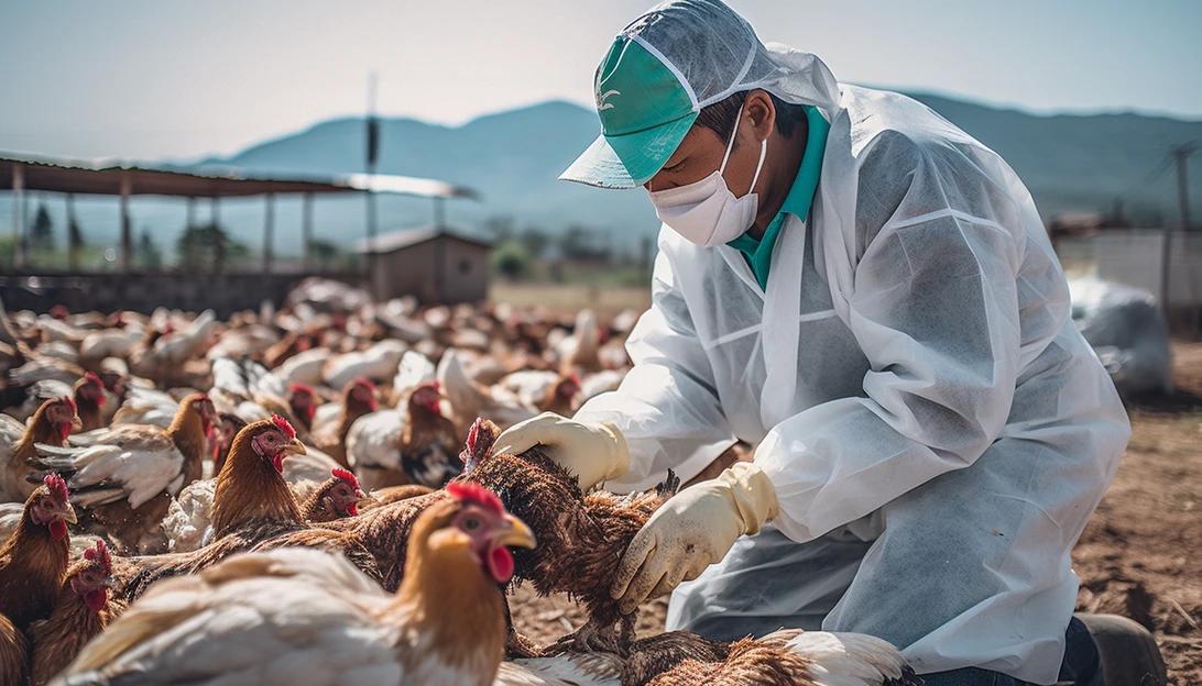A farm worker wearing protective gear carefully culling chickens affected by bird flu. Photo taken with a Nikon D850.