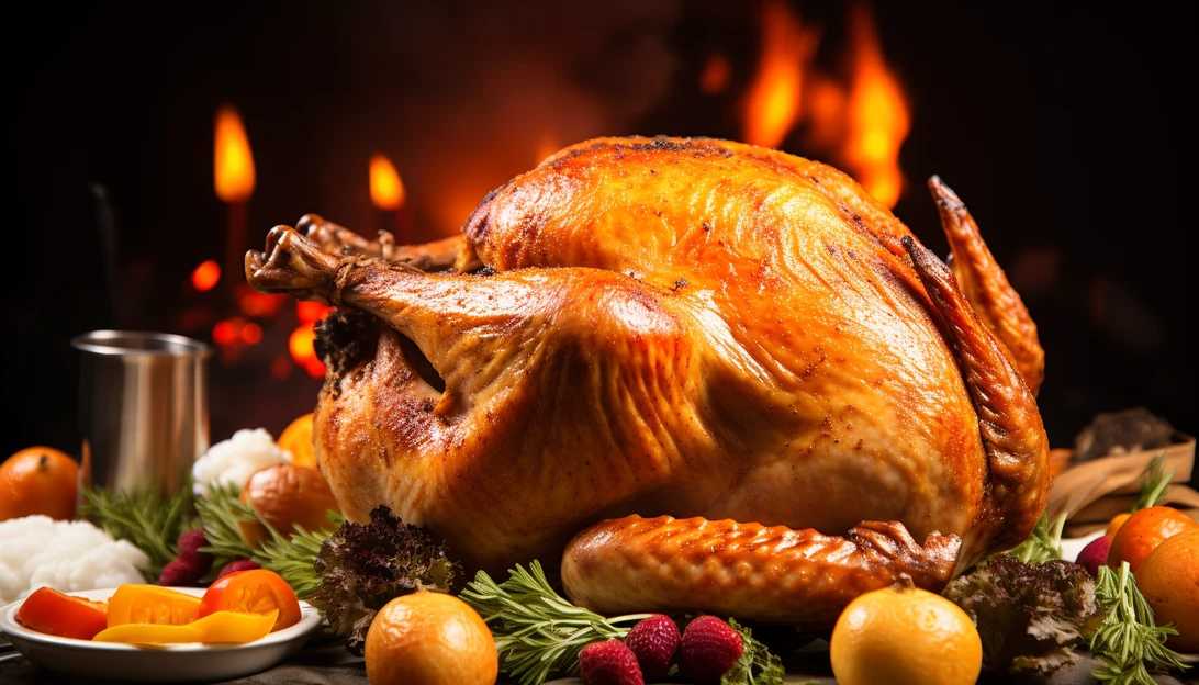 A close-up photo of a beautifully roasted Thanksgiving turkey, highlighting its golden, crispy skin. (Taken with Canon EOS 5D Mark IV)