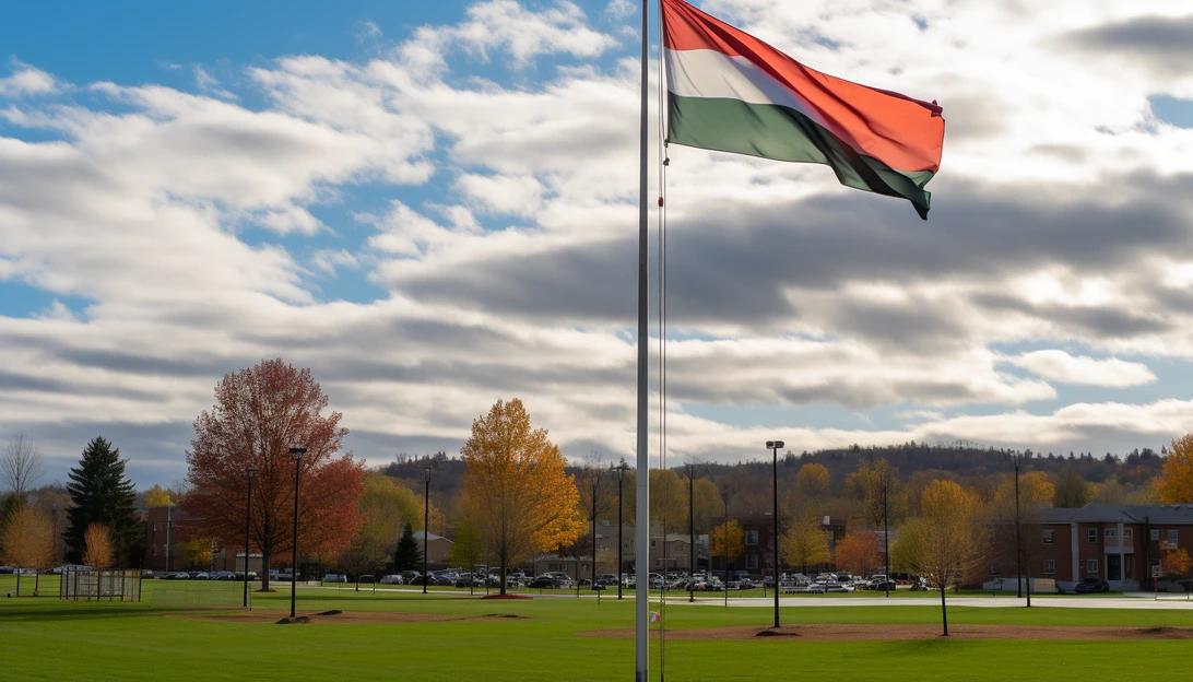 A photo of the North Andover Town Common, where the Palestinian flag is being flown, depicting the flagpole with the flag waving in the wind, taken with a Nikon D850.