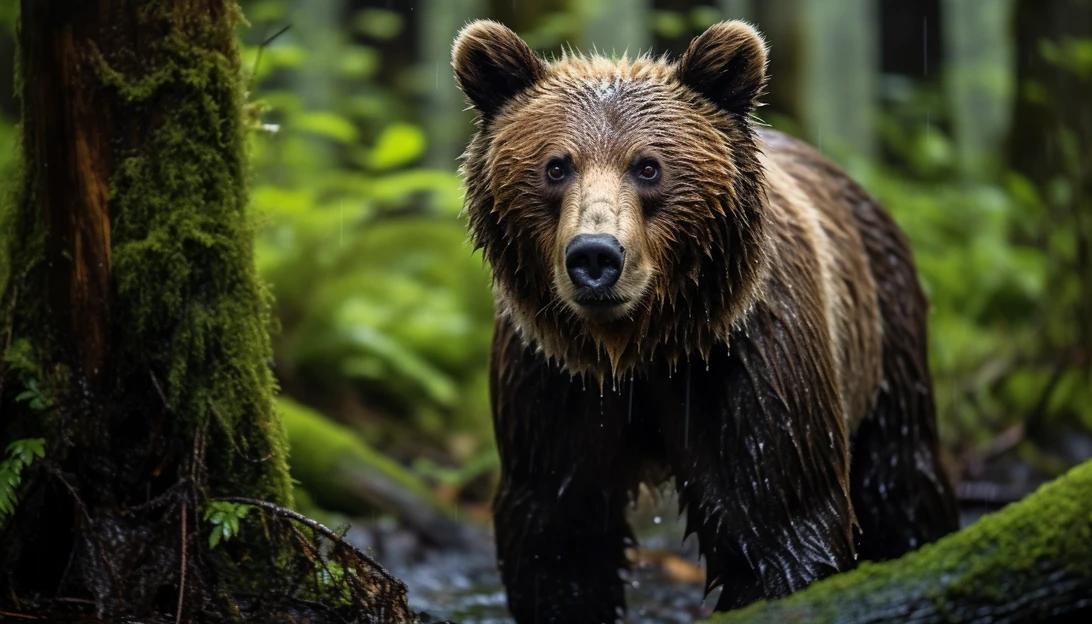 A close-up photograph of a grizzly bear in its natural habitat, taken with a Nikon D850.