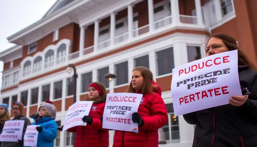 A group of New Hampshire teachers union members protesting outside the courthouse, holding signs that say 'Protect Public Education' (Photo taken with Canon EOS 5D Mark IV)