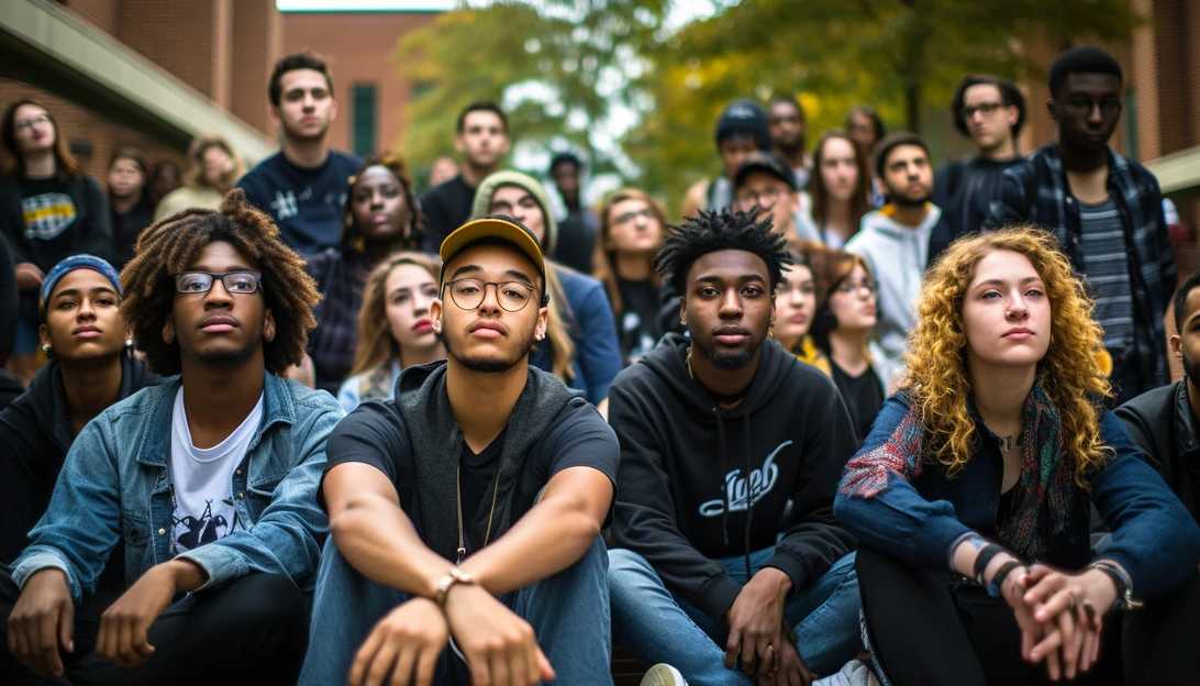 A photograph capturing a gathering of diverse students on a North American campus, advocating for peace and tolerance, taken with a Canon EOS 5D Mark IV.