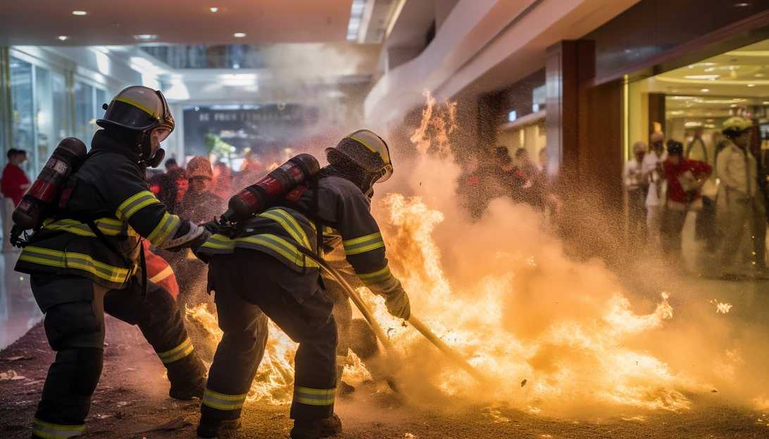 A close-up shot of firefighters extinguishing the flames at the shopping mall. (Taken with Sony Alpha a7 III)