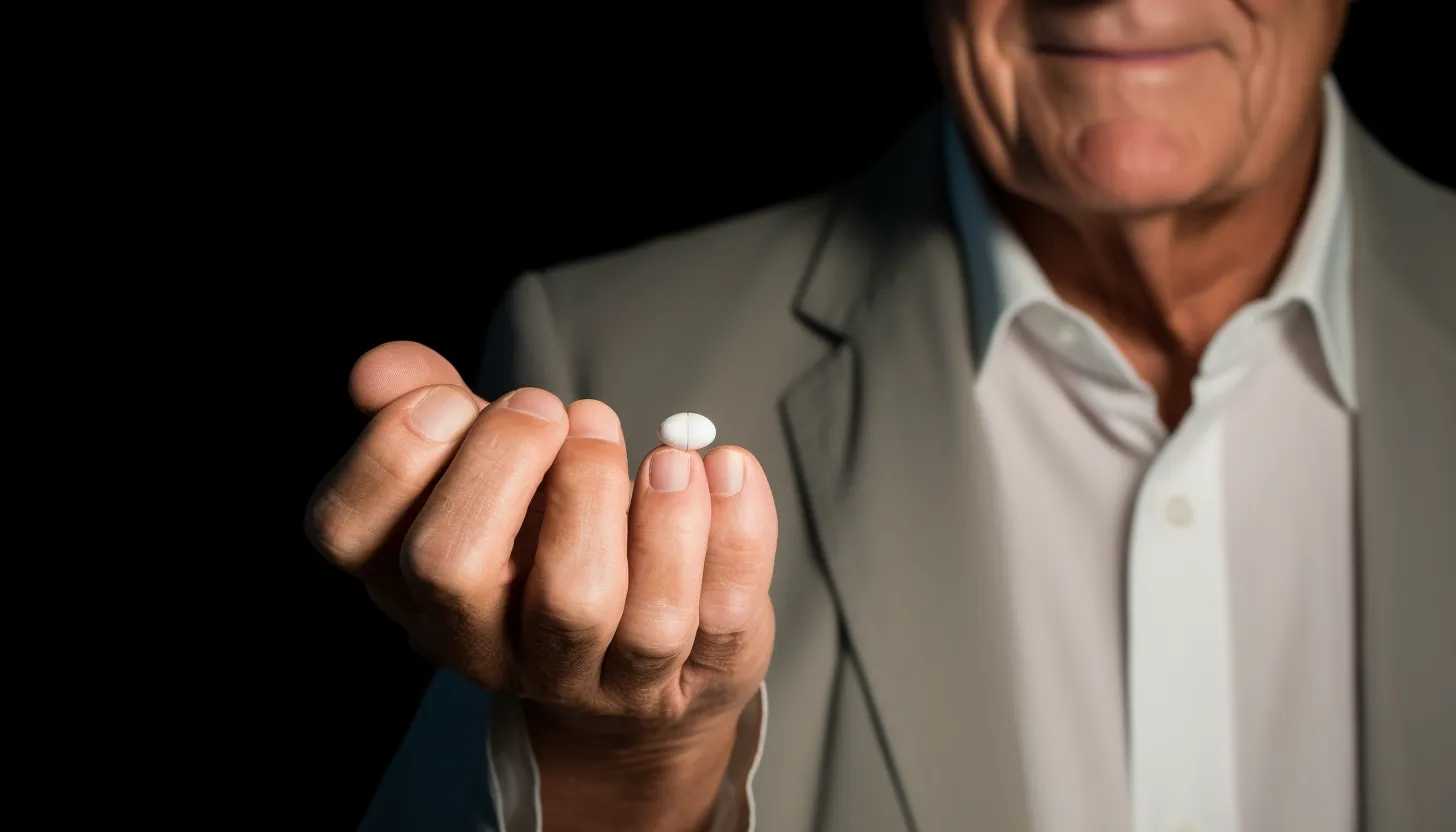 A close-up shot of a doctor, preferably Valentin Fuster, holding the new polypill between his fingers, illustrating its size and simplicity. The image is taken with a Nikon D850, capturing the expression of hope and achievement on the doctor's face.