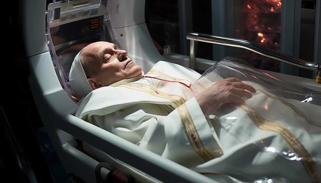 A close-up photo of Pope Francis during his CT scan, taken with a Canon EOS R5 camera.