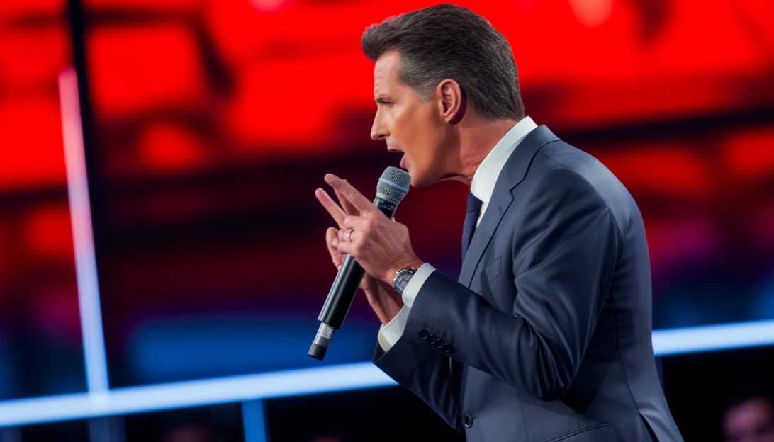 A photo of California Governor Gavin Newsom speaking with Fox News Digital in the spin room at the second GOP presidential debate. (Taken with a Nikon D850)