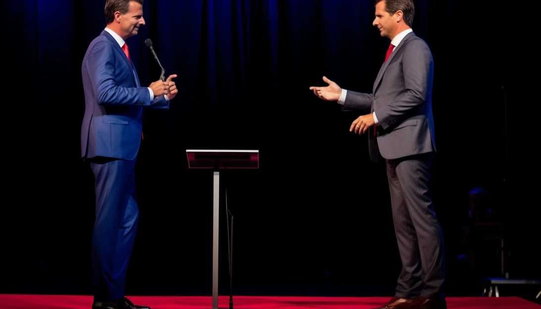 A photo of Governor DeSantis and Governor Newsom standing on the debate stage in Alpharetta, Georgia. (Taken with a Sony Alpha a7 III)