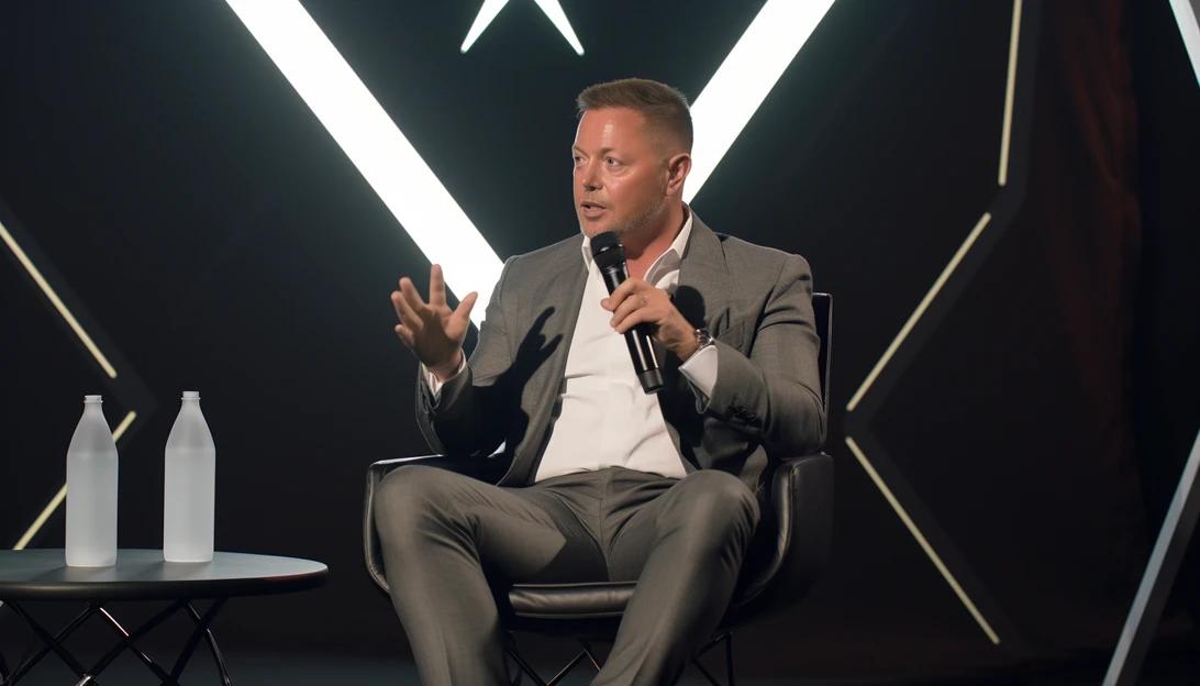 Elon Musk discussing X's content moderation policies during a press conference, taken with a Nikon D850.