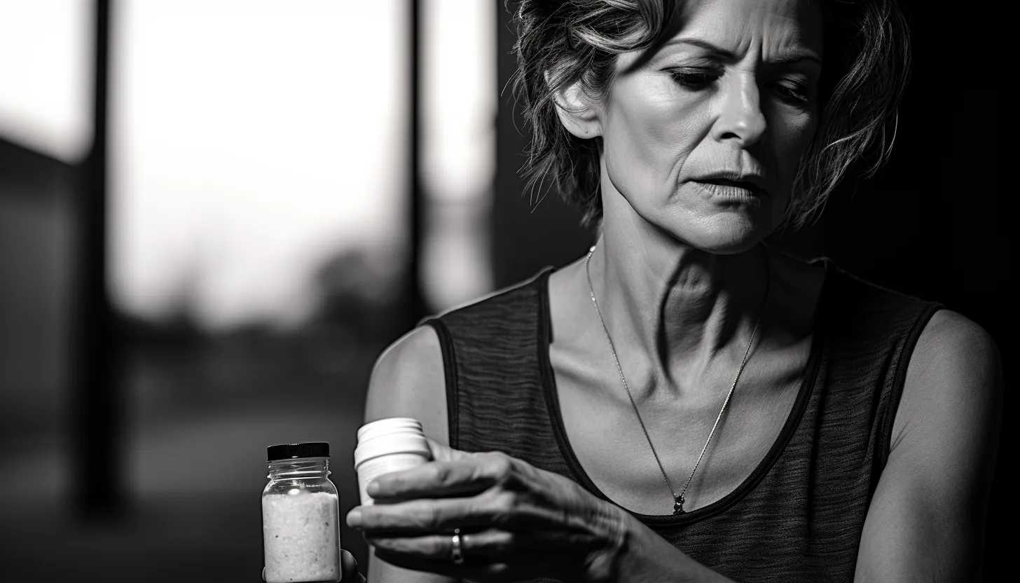 A worried mother looking at an empty pill bottle, a shadowy school building in the background. Taken with a Nikon D850.