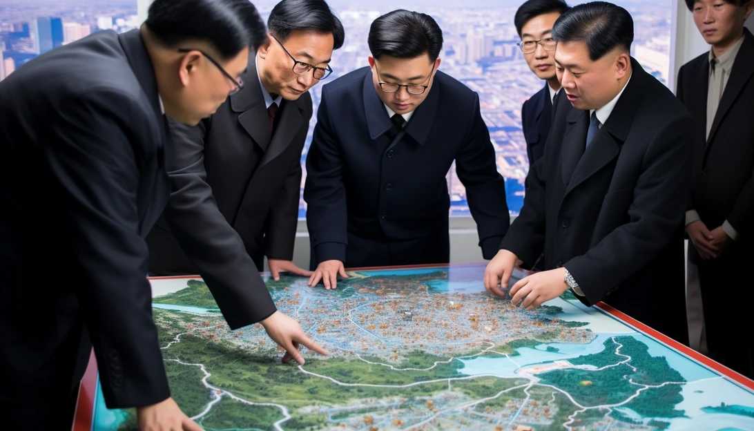 Image prompt: Kim Jong Un reviewing satellite images of Jinhae, Busan, Ulsan, Pohang, Daegu, and Gangneung regions of South Korea, taken with a Sony Alpha a7R IV.