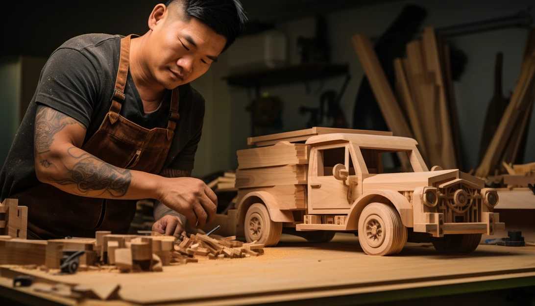 A photo of Truong Van Dao, the talented woodworker, meticulously crafting the wooden Cybertruck using his woodworking skills (Taken with Nikon D850)