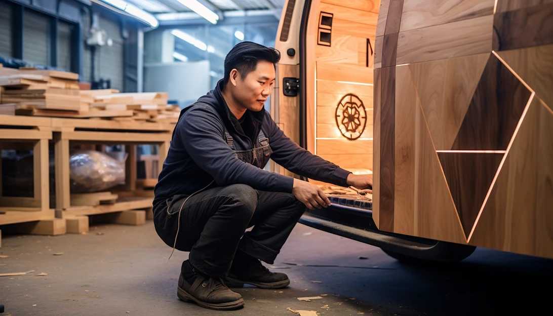 A captivating photo capturing the moment Truong adds the finishing touches to the wooden Cybertruck, including the light-up "X" logo on the door as a tribute to Elon Musk's Twitter rebranding (Taken with Sony Alpha a7 III)