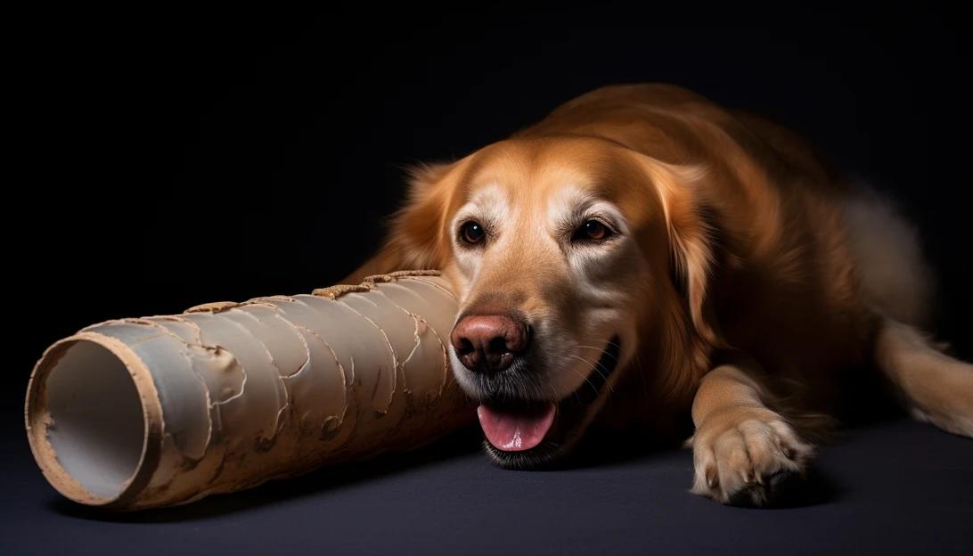 A golden retriever, similar to Ike, lying down with tubes inserted into his snout and a cone around his head. (Taken with Canon EOS 5D Mark IV)