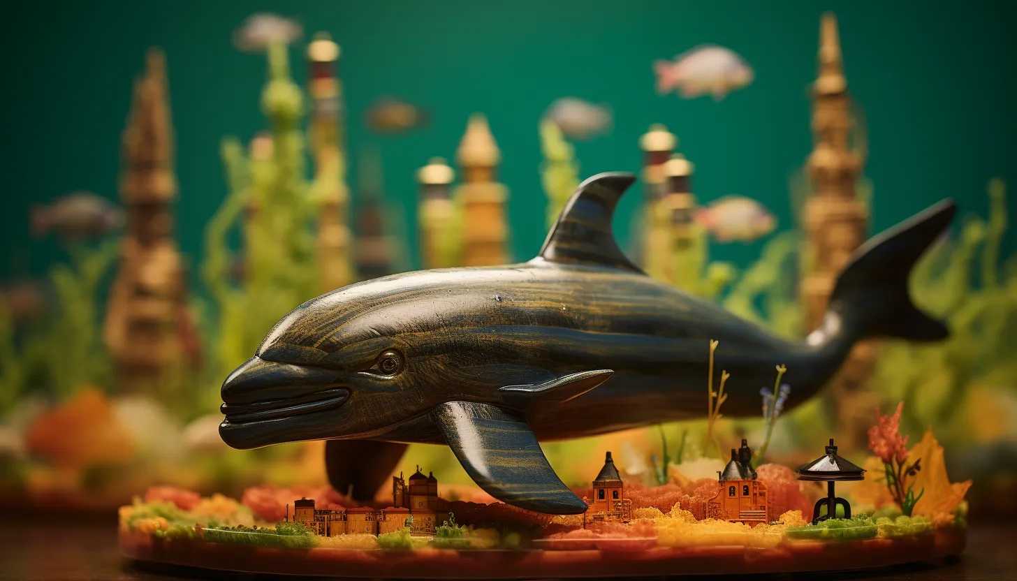Close up of a small figurine Rice's Whale on a background featuring the ocean and underwater flora and fauna, signifying the balance between oil production and existing wildlife in the Gulf of Mexico. The figurine should be in the center of the shot to draw viewer attention to the endangered species. (Taken with Sony Alpha 7R III)